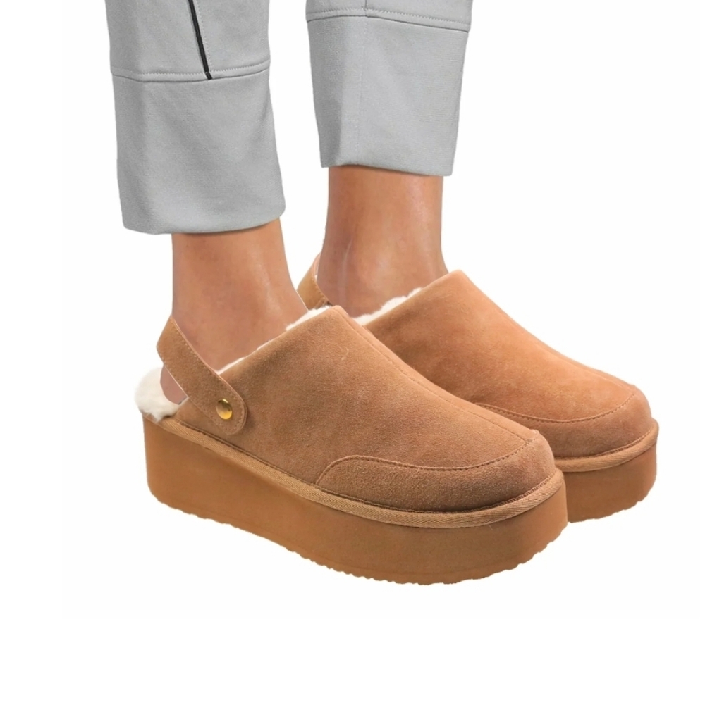 Suede Faux Fur Slip On Tan Platform Convertible Clogs Size 8
